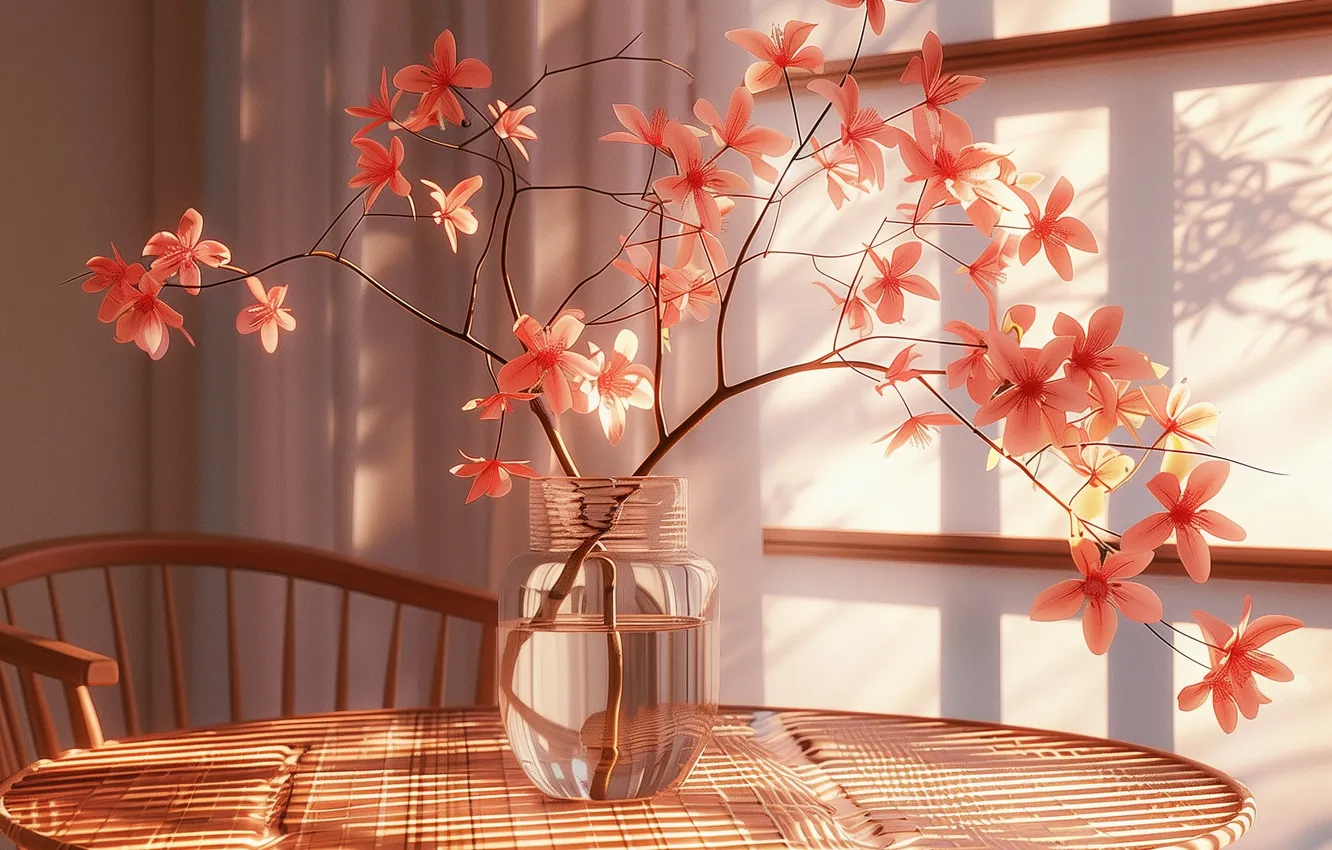 Photo wallpaper shadow, neural network, flowers, interior, glass, Bank, AI art, table