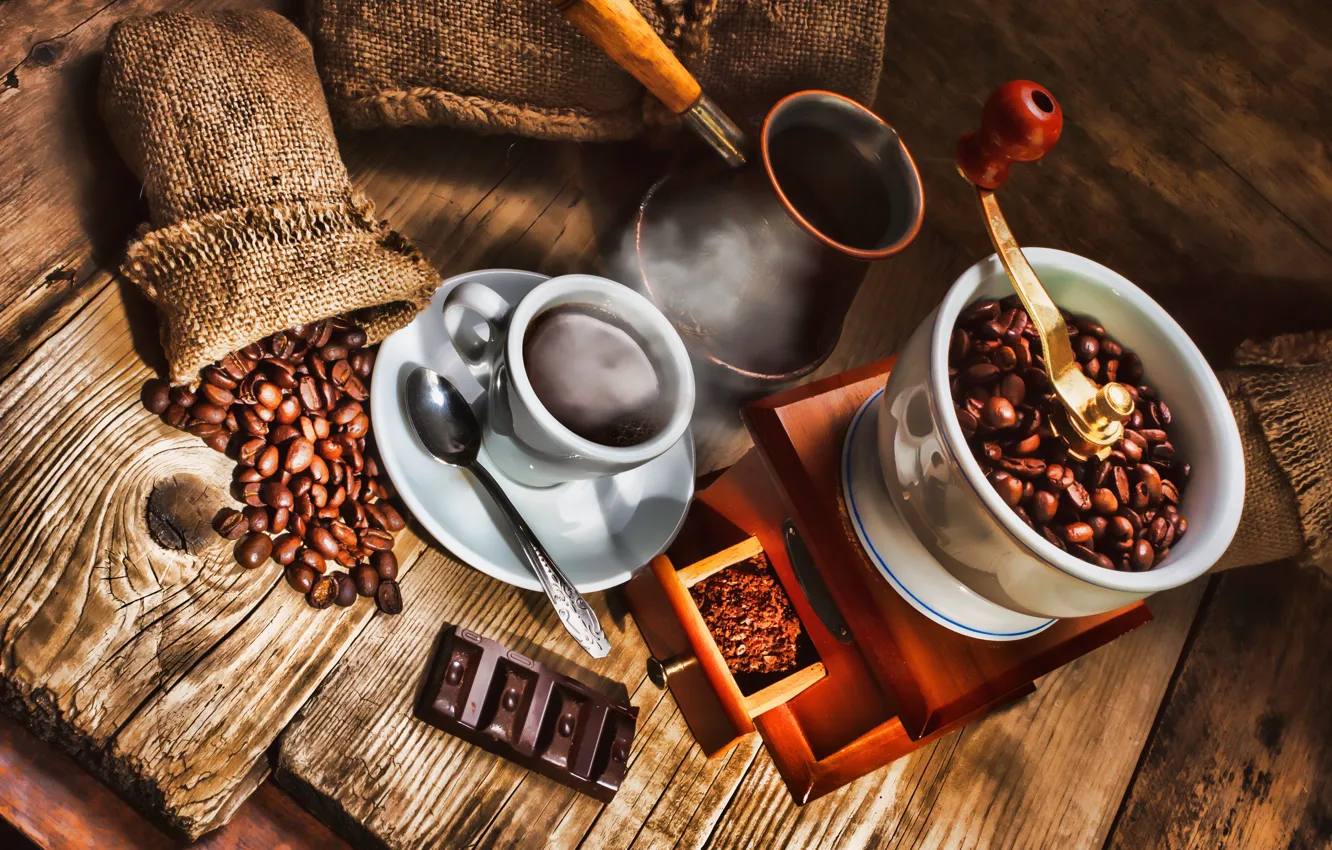 Photo wallpaper coffee, chocolate, spoon, mug, drink, coffee beans, saucer, pouch