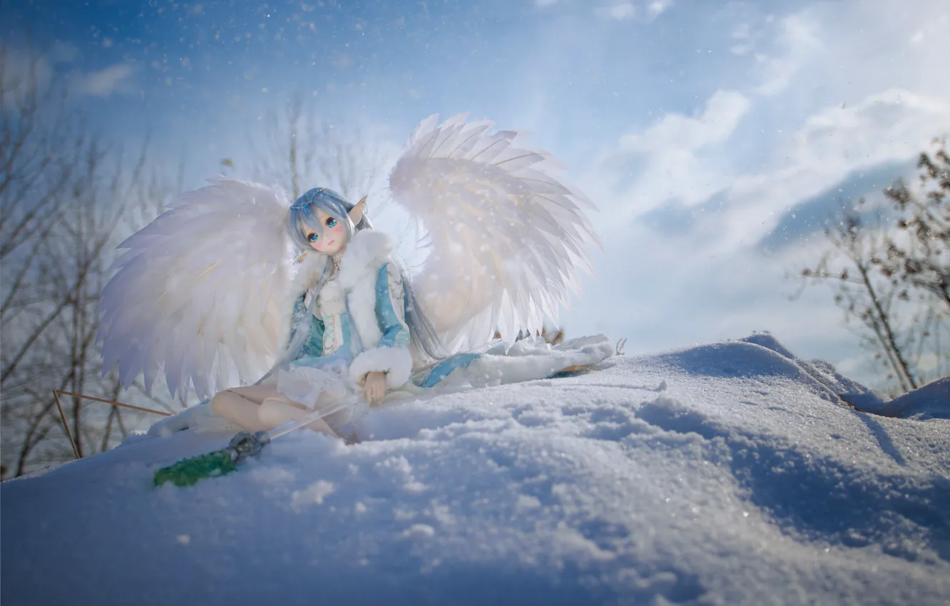 Photo wallpaper winter, snow, toy, wings, doll