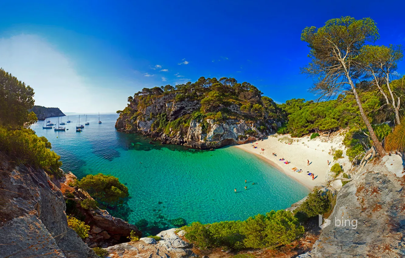 Photo wallpaper sea, beach, rocks, boat, Bay, yacht, Spain, Menorca