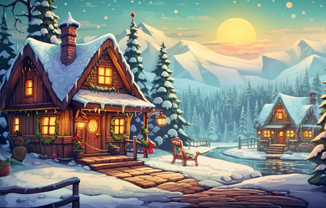 Photo wallpaper winter, snow, holiday, graphics, tree, new year, home, Christmas