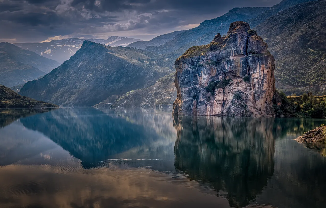 Photo wallpaper mountains, lake, rocks
