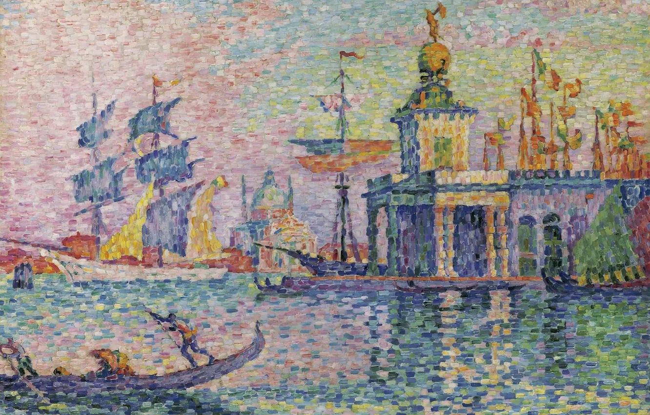 Photo wallpaper boat, ship, picture, sail, gondola, the urban landscape, Paul Signac, pointillism