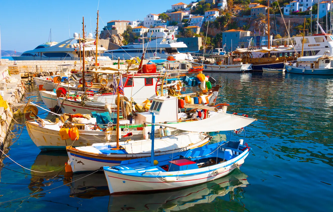 Photo wallpaper sea, landscape, nature, boat, home, Santorini, Greece