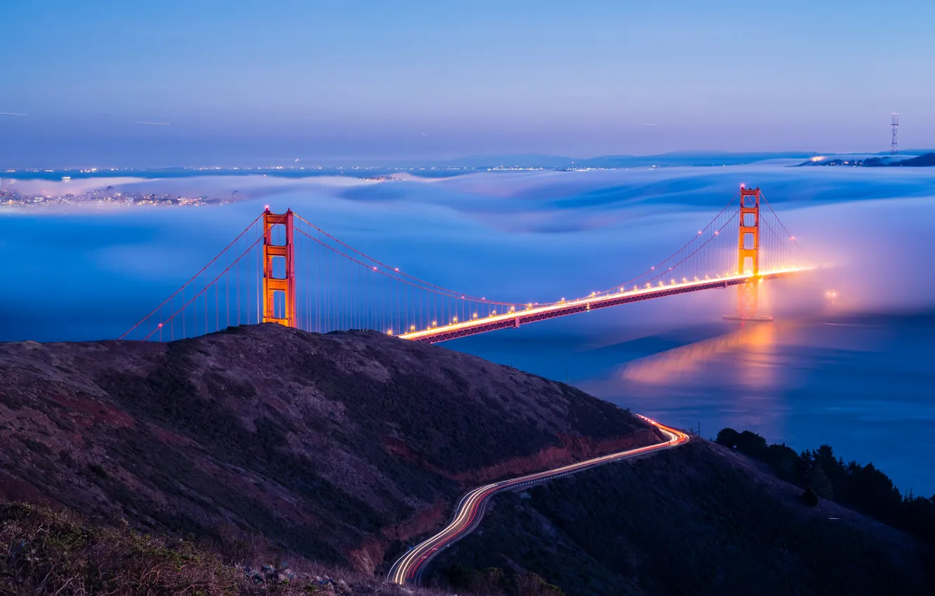 Photo wallpaper lights, fog, the evening, San Francisco, USA, the Golden Gate bridge