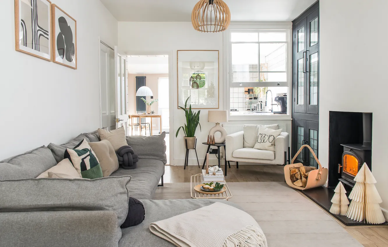 Photo wallpaper design, style, interior, kitchen, fireplace, living room, dining room