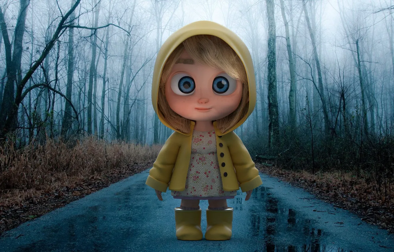 Photo wallpaper road, the rain, autumn, art, girl, cloak, Rainyday, Tang Chen