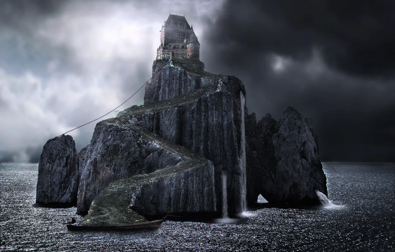 Photo wallpaper road, sea, castle, rocks, boat, island, waterfall, the isle