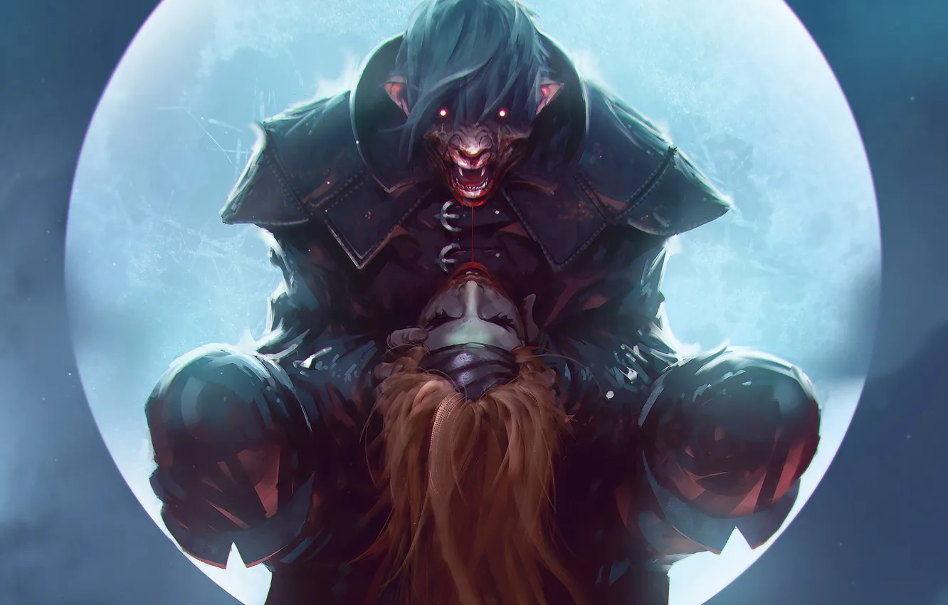 Photo wallpaper moon, blood, fantasy, game, The Witcher, night, red eyes, redhead