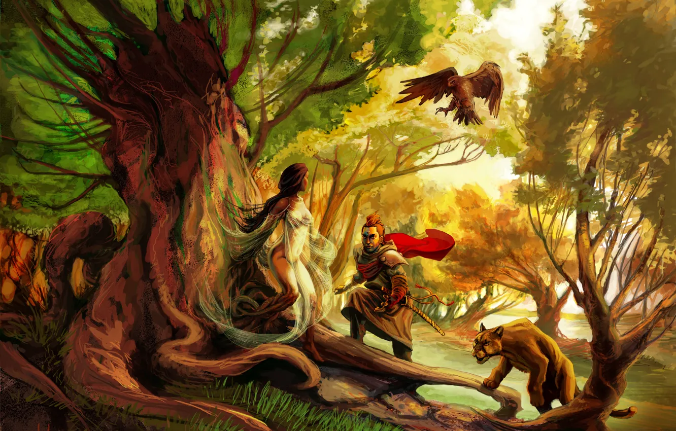 Photo wallpaper trees, woman, beast, hunter, Woman of Tree