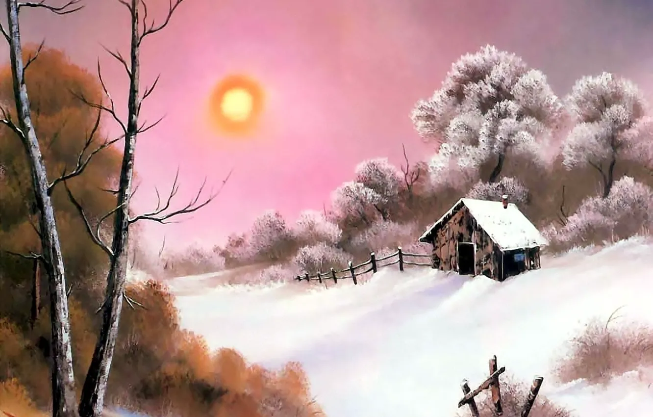 Photo wallpaper winter, the sky, the sun, snow, trees, landscape, house, hut