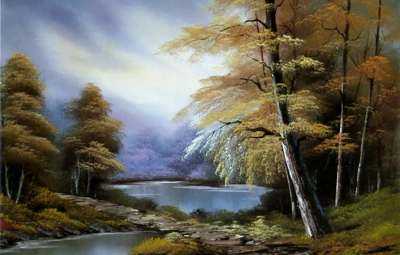 Photo wallpaper autumn, forest, the sky, water, trees, landscape, picture, painting