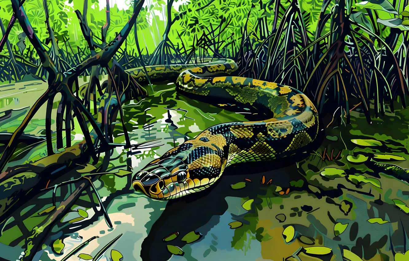 Photo wallpaper water, animal, swamp, snake, art, reptile, digital art, imitation painting