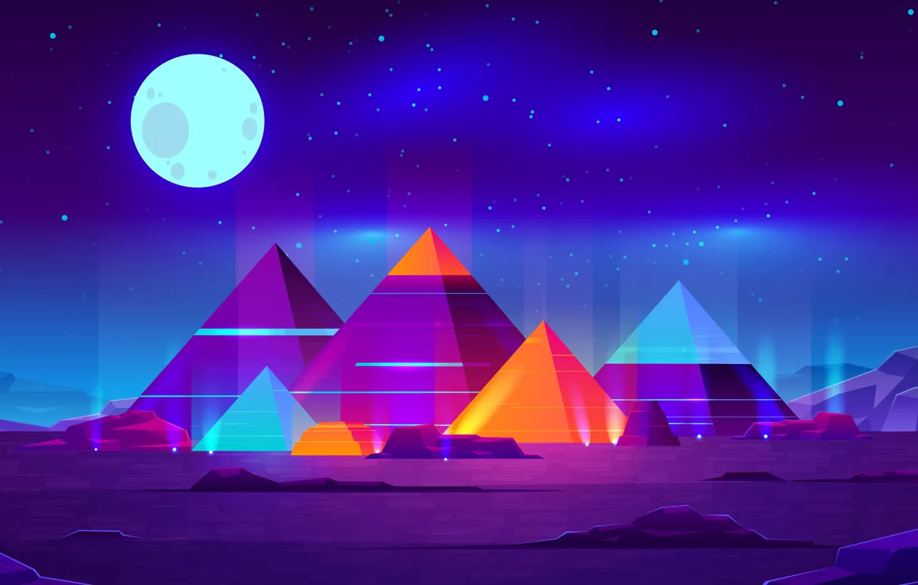 Photo wallpaper Moon, Art, Landscape, Creative, Night, Abstract Art, Pyramids