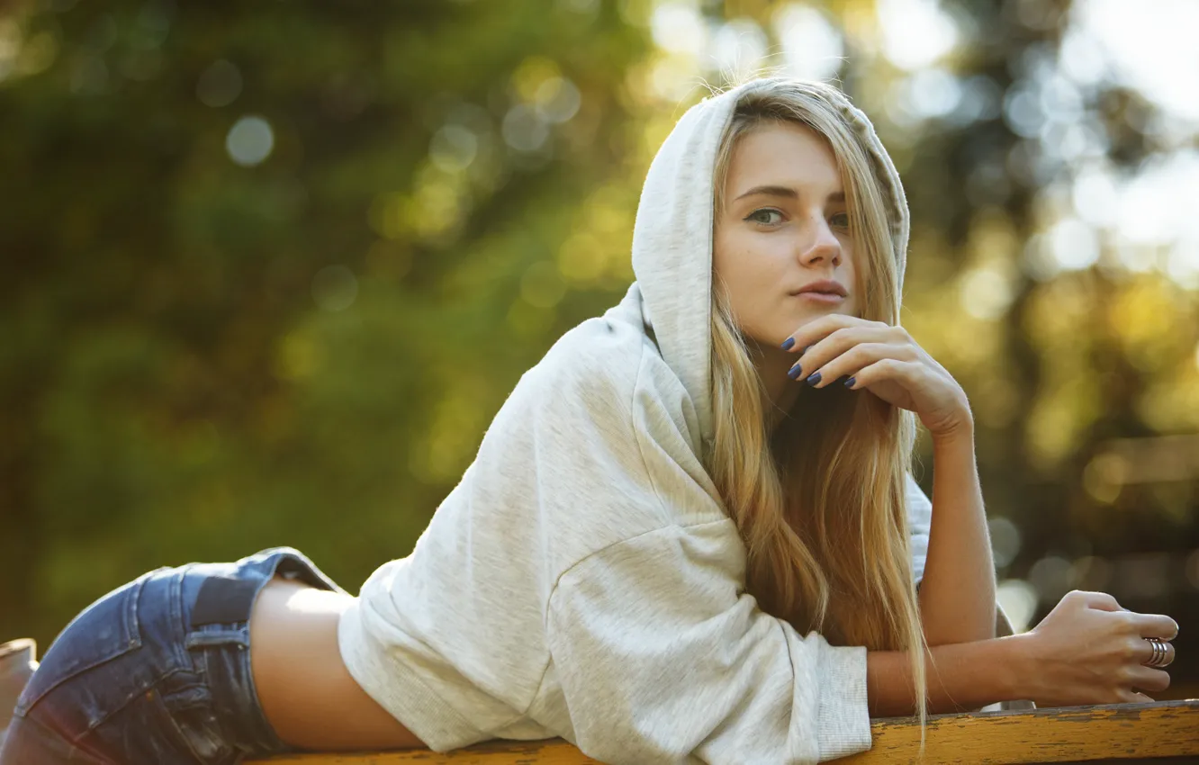 Photo wallpaper face, model, hair, hood, Alena