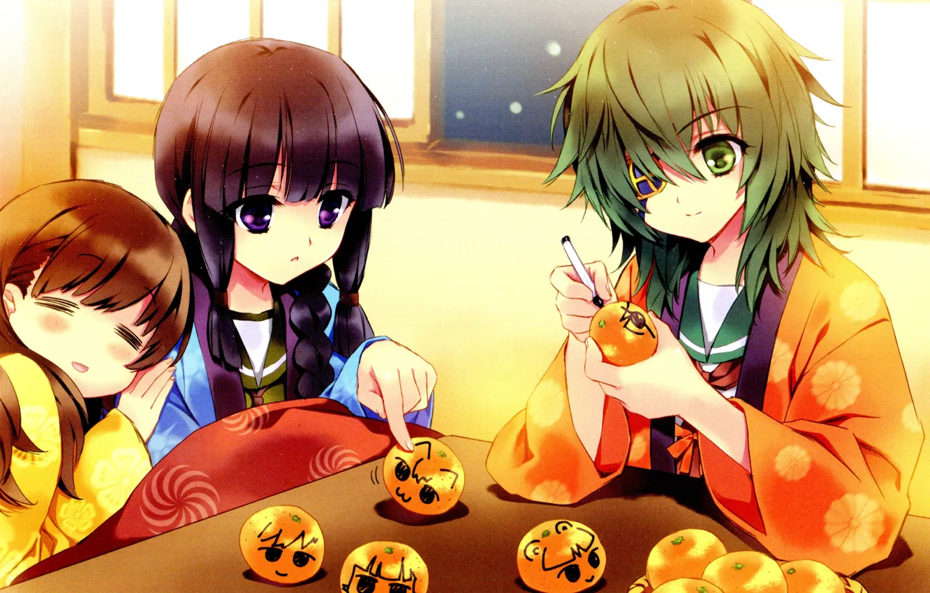Photo wallpaper window, girl, kimono, green hair, art, friend, tangerines, eye patch