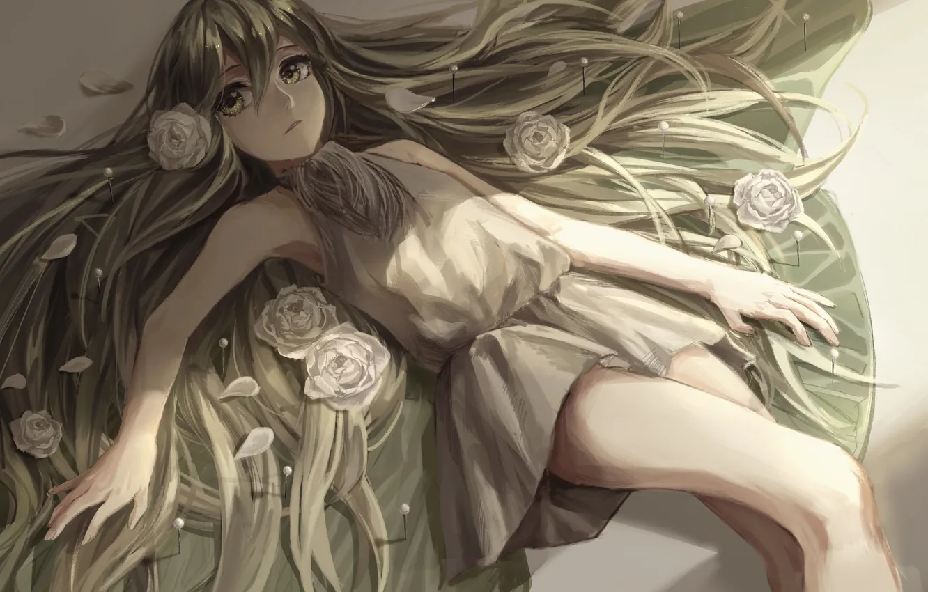 Photo wallpaper girl, flowers, roses, anime, petals, art, lama-pacos