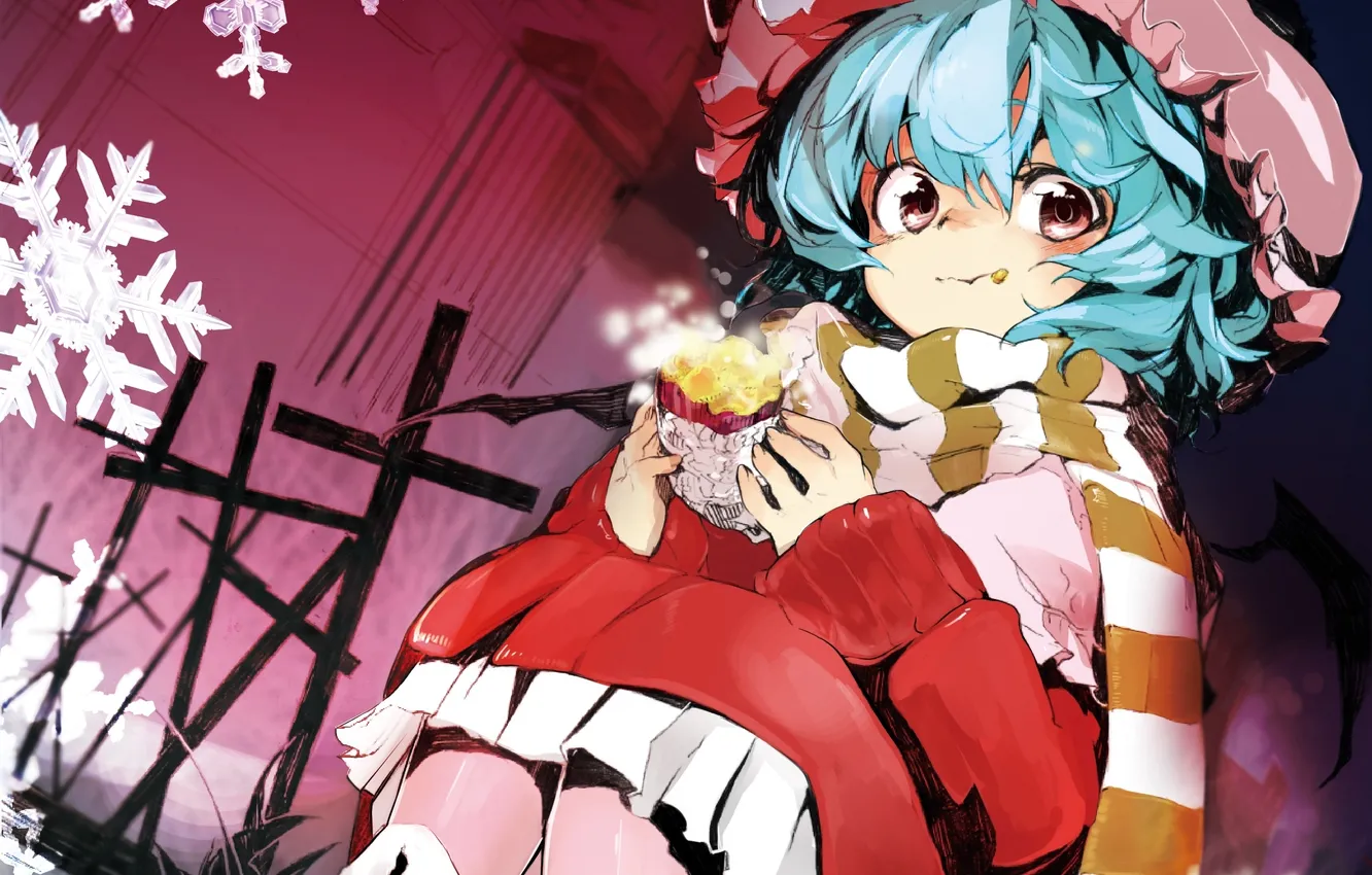 Photo wallpaper cold, winter, girl, snowflakes, food, art, sitting, scarf