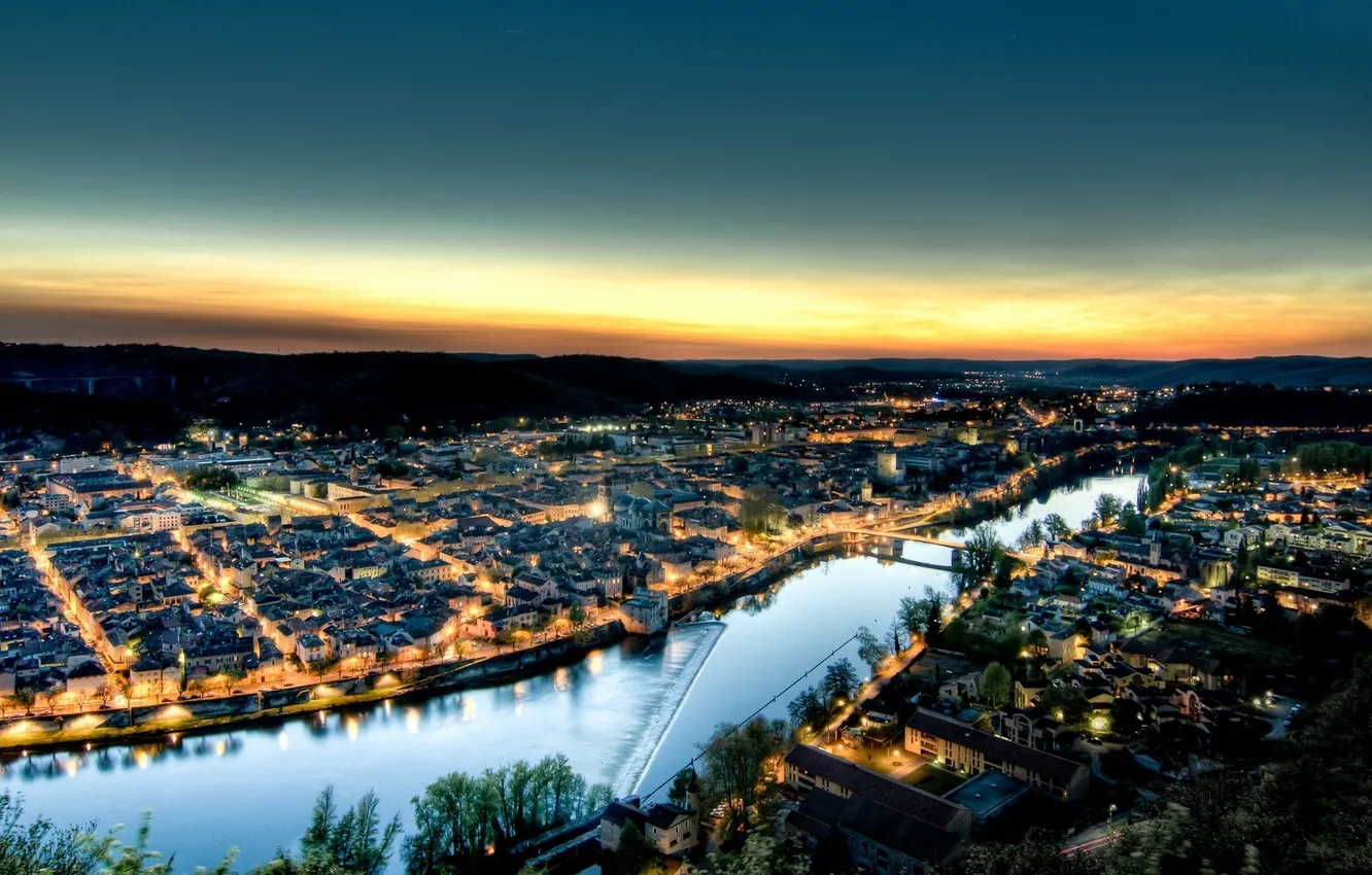 Photo wallpaper sunset, city, the city, lights, river, France, the evening, Cahors