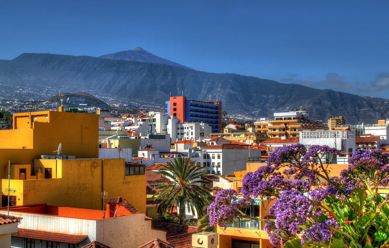 Photo wallpaper the sky, trees, mountains, the city, home, day, Spain, art