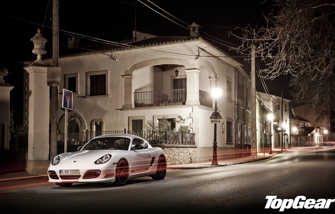 Photo wallpaper white, night, street, home, Porsche, lights, Cayman, Top Gear