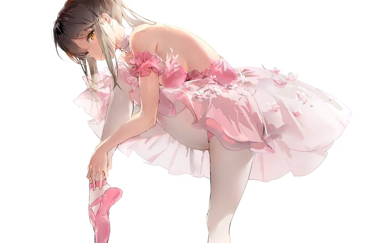 Photo wallpaper neckline, white background, corset, ballerina, yellow eyes, Pointe shoes, pink dress, by Anmi