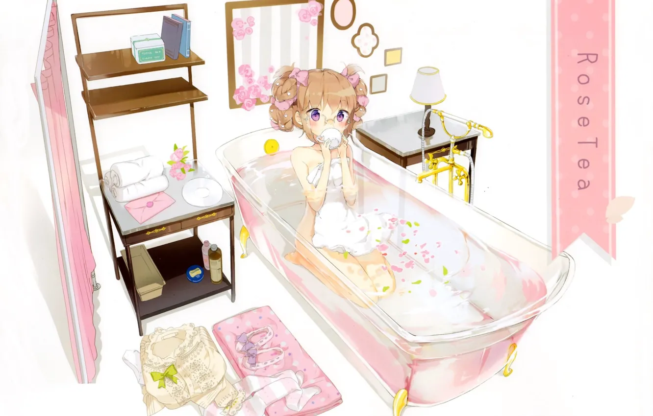 Photo wallpaper the tea party, curtains, towels, glasses, in the bath, table lamp, by Anmi