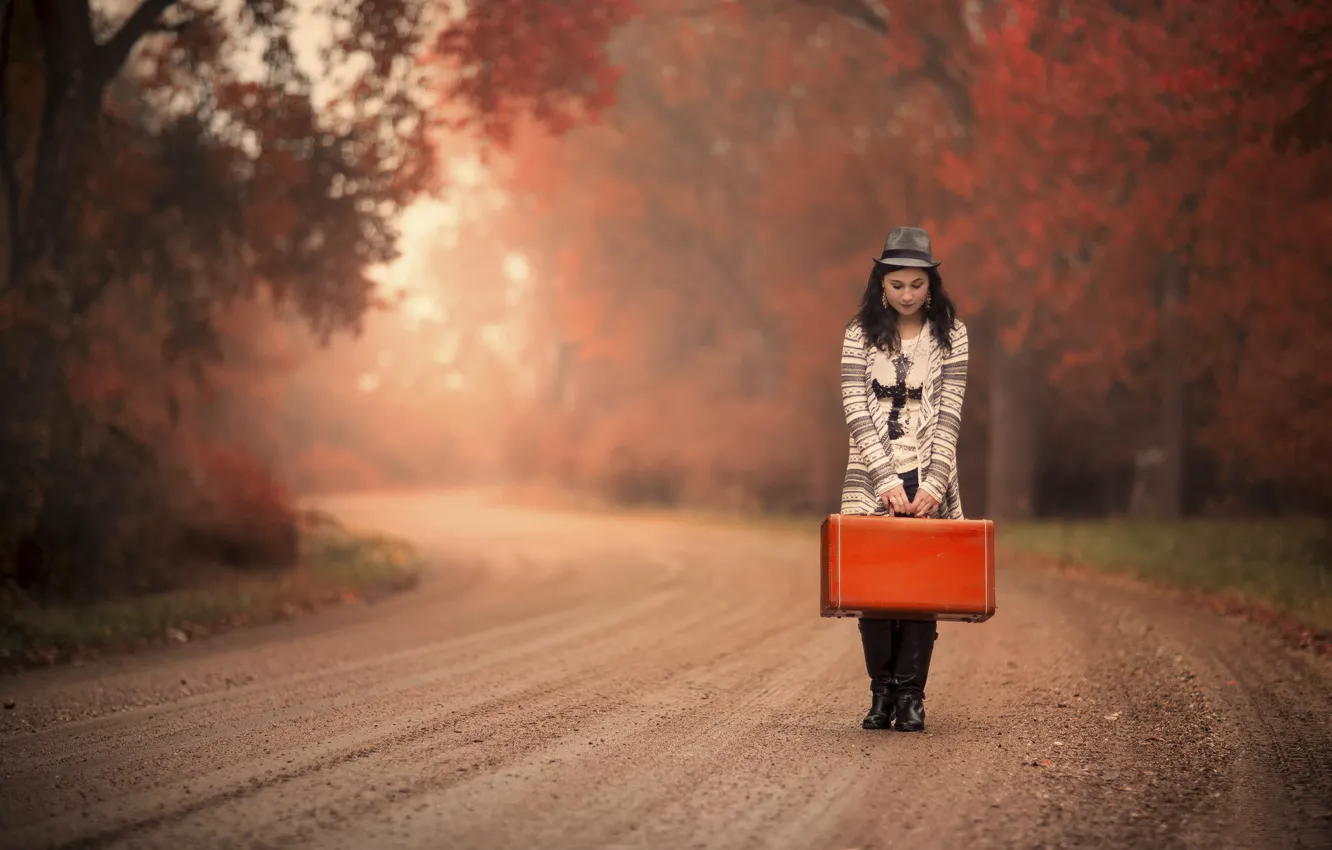 Photo wallpaper road, autumn, girl, suitcase, waiting