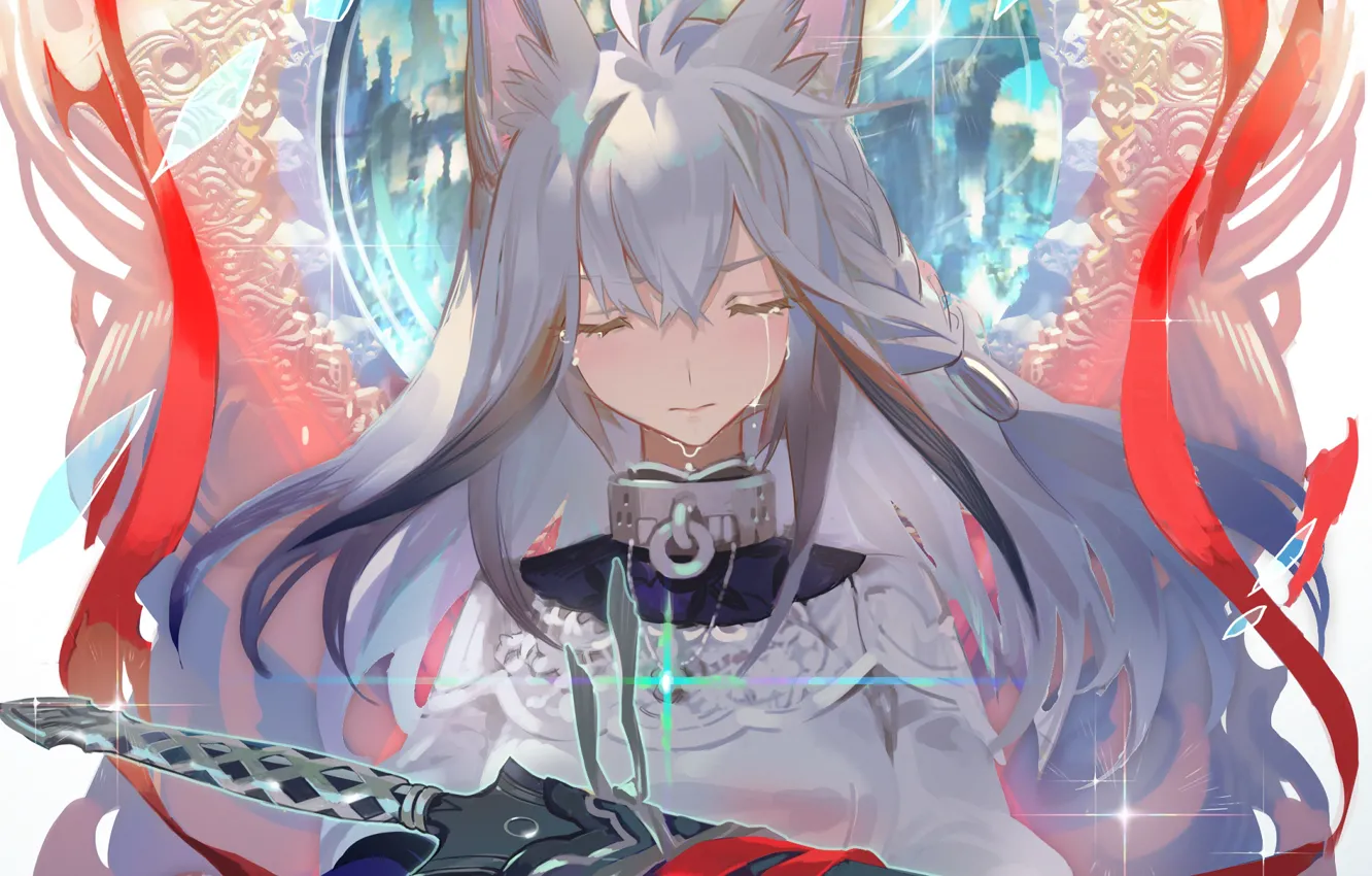 Photo wallpaper girl, magic, sword, the portal, tears, fantasy, ears