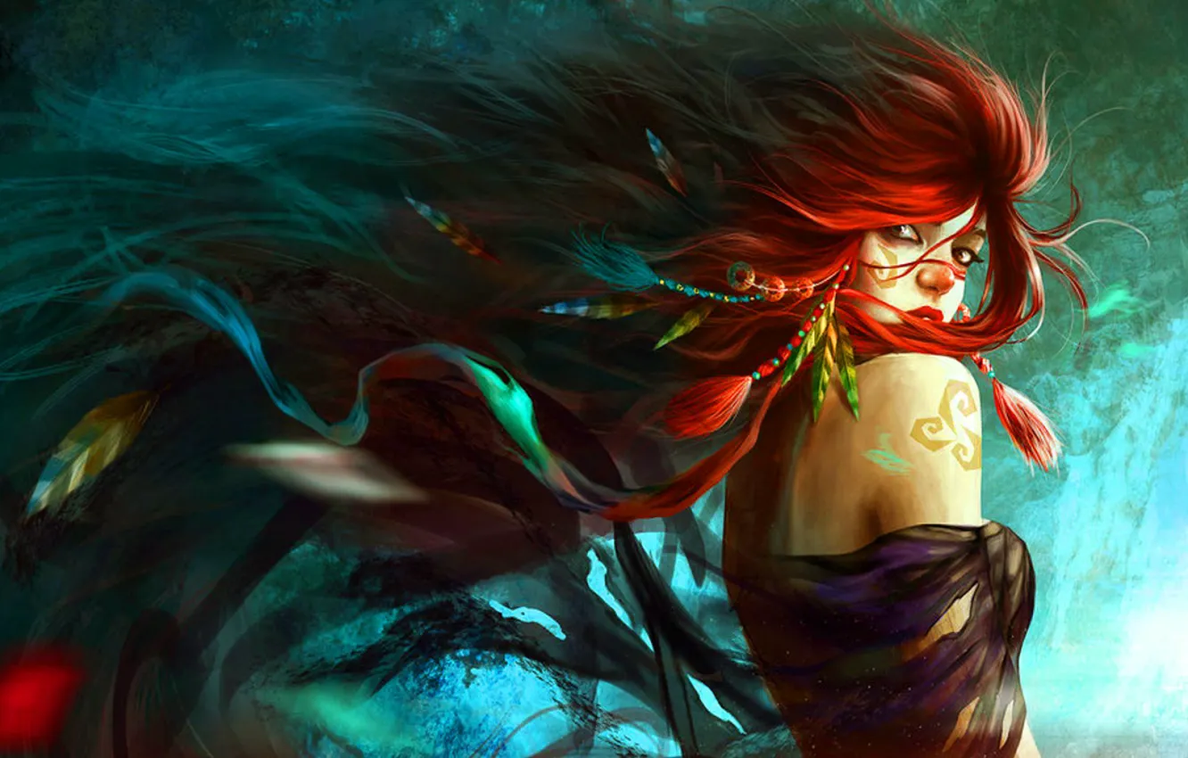 Photo wallpaper look, girl, feathers, red, shoulders, long hair, tattoo on shoulder