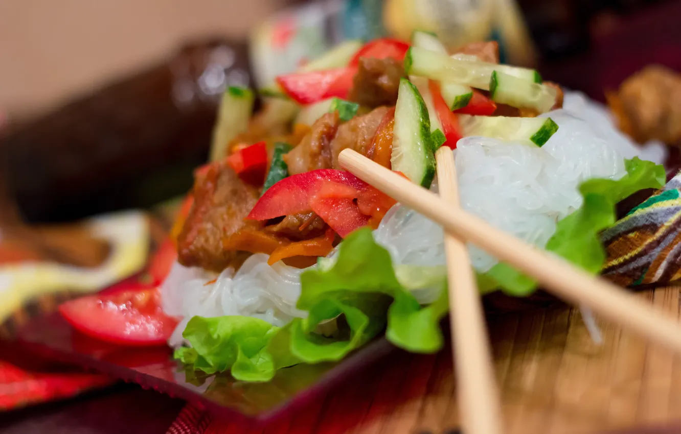 Photo wallpaper dinner, cellophane, meat dish, vegetables with meat, cellophane meat