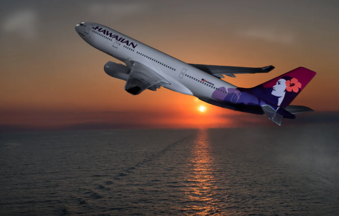 Photo wallpaper sunset, the ocean, toy, Hawaii, the plane, the rise, The Pacific ocean