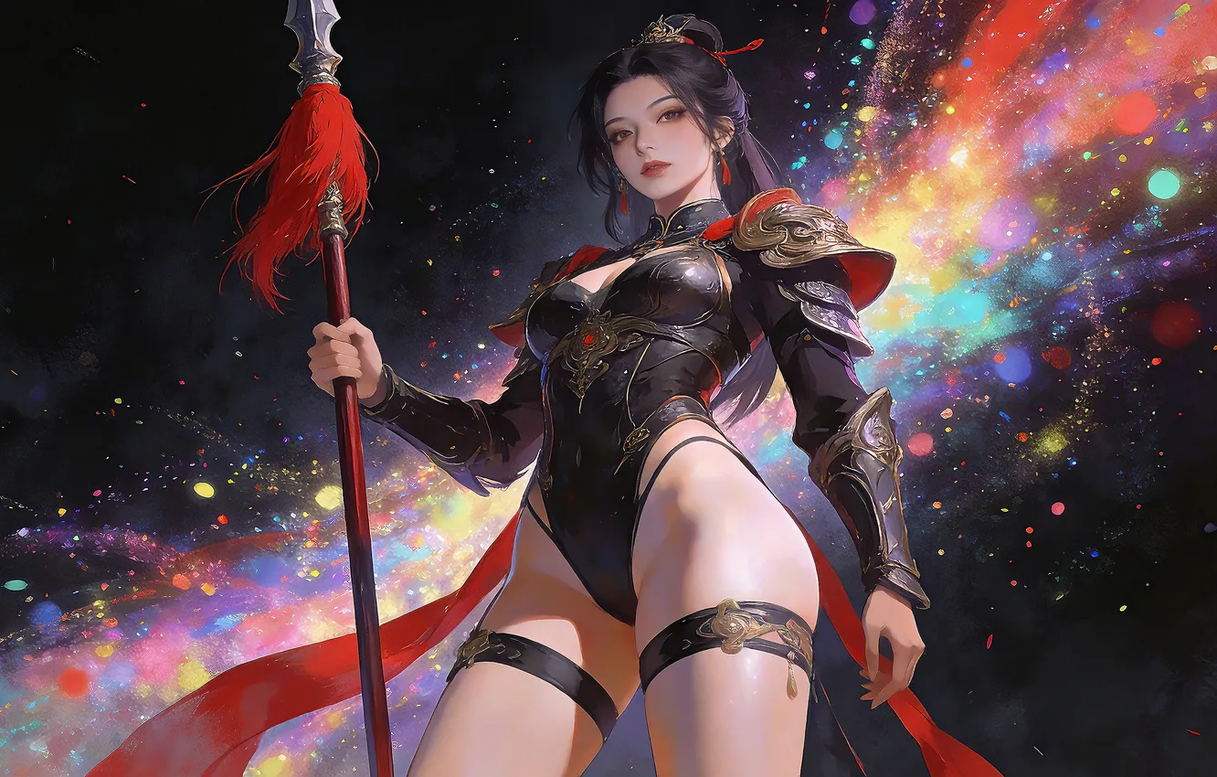 Photo wallpaper girl, brunette, asian, spear, ai art