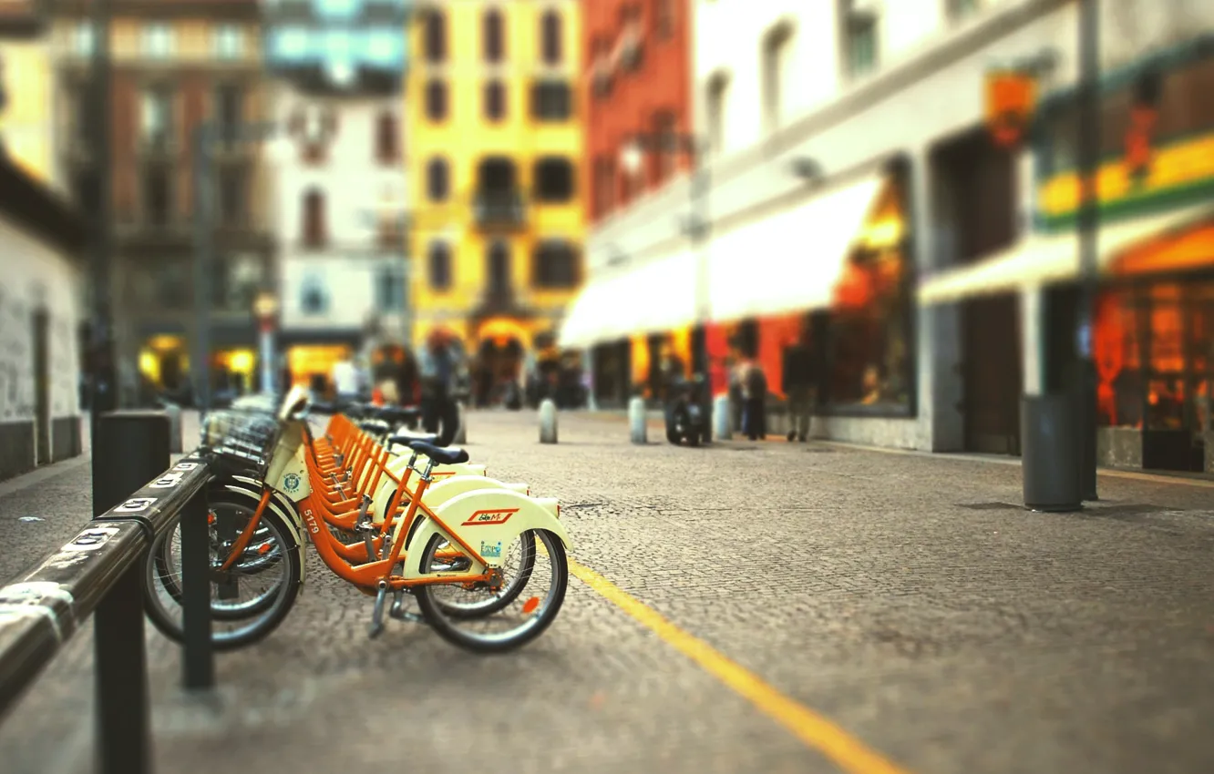 Photo wallpaper bike, the city, street, blur, tilt-shift, blurred background, bike Parking