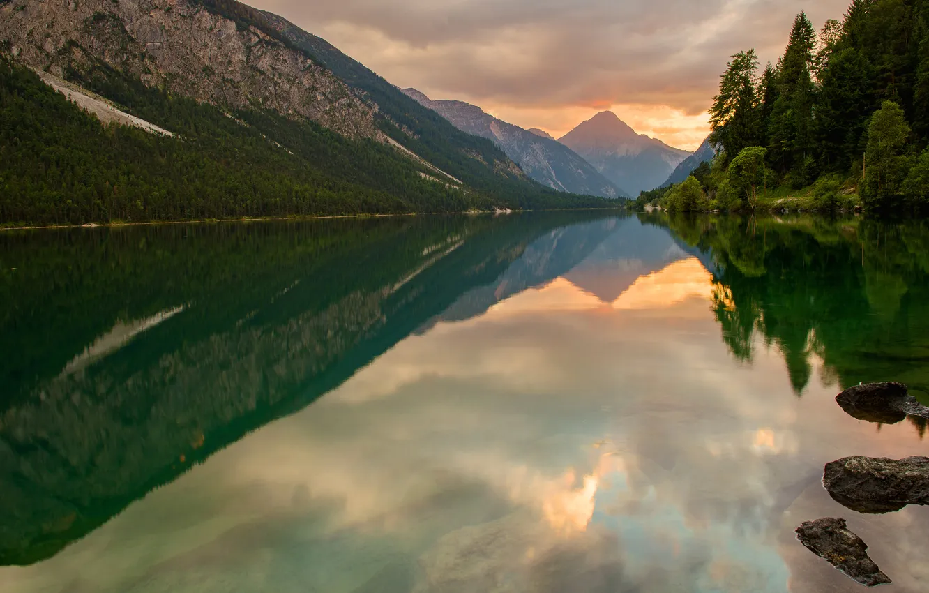 Photo wallpaper forest, the sky, clouds, trees, sunset, mountains, lake, reflection
