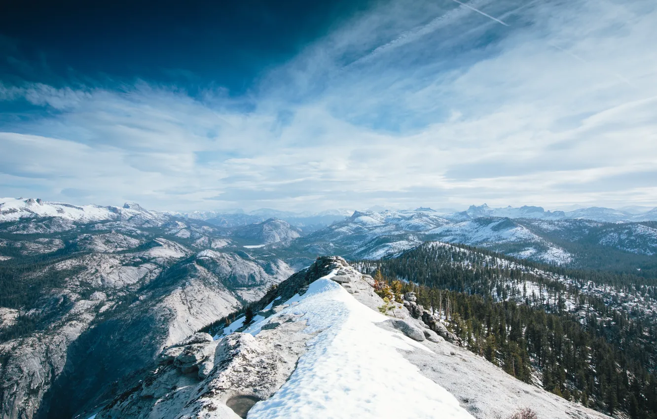 Photo wallpaper winter, forest, the sky, clouds, snow, mountains, CA, California