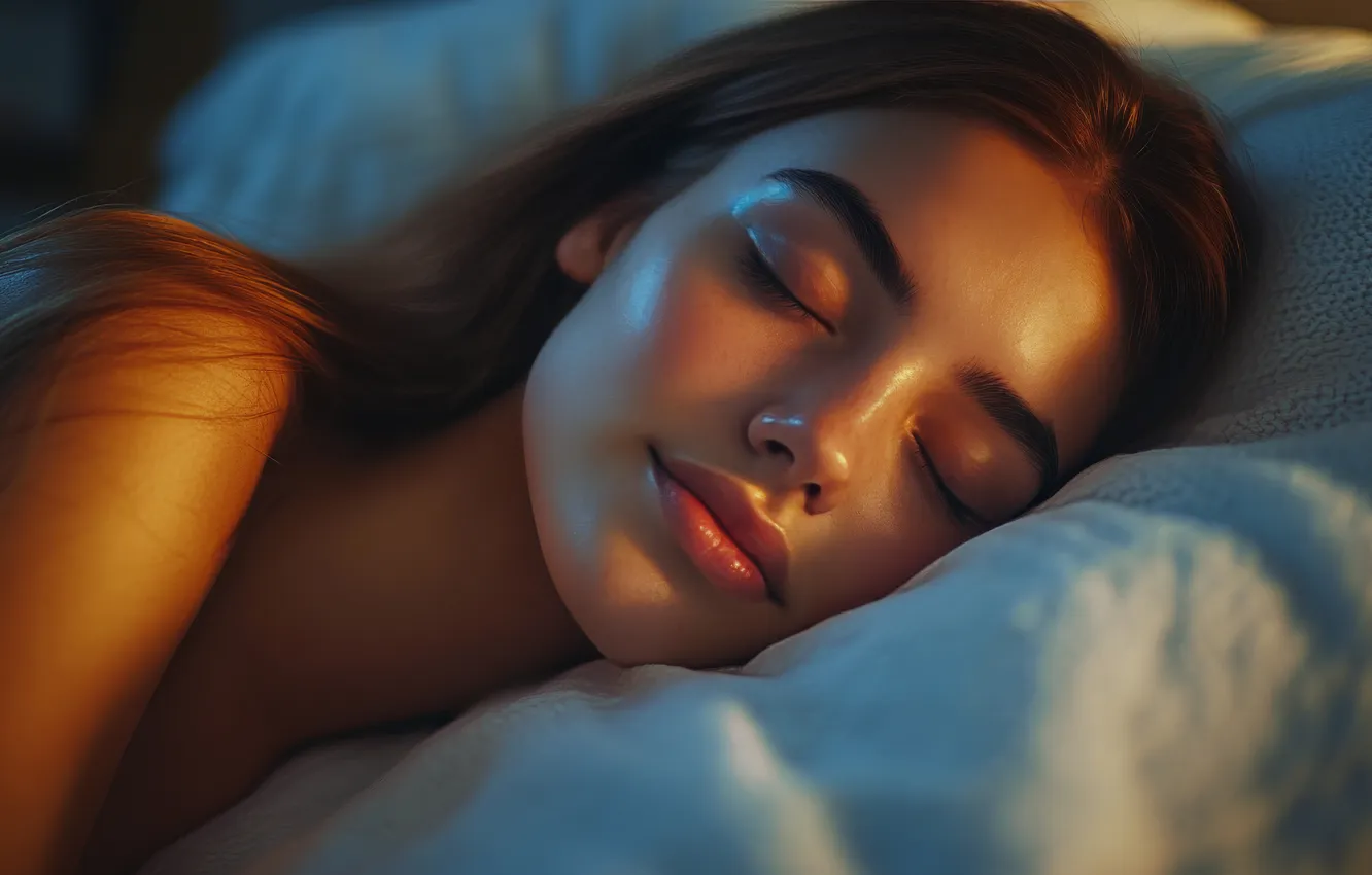 Photo wallpaper girl, light, face, smile, sweetheart, sleep, pillow, sleeping