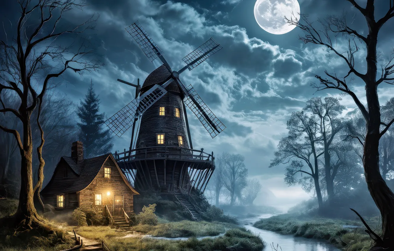 Photo wallpaper clouds, trees, night, the moon, shore, home, mill, house