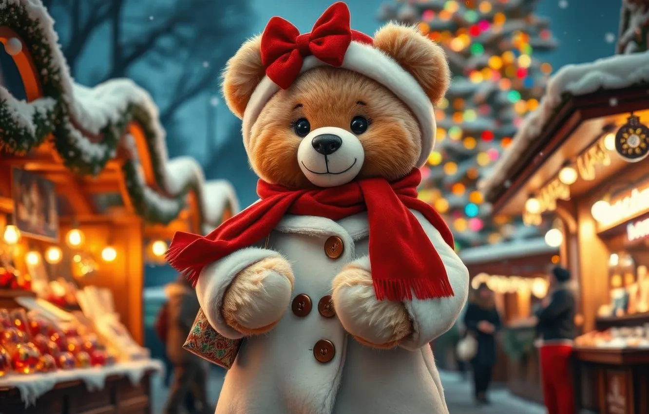 Photo wallpaper road, the city, lights, street, toy, new year, scarf, Christmas