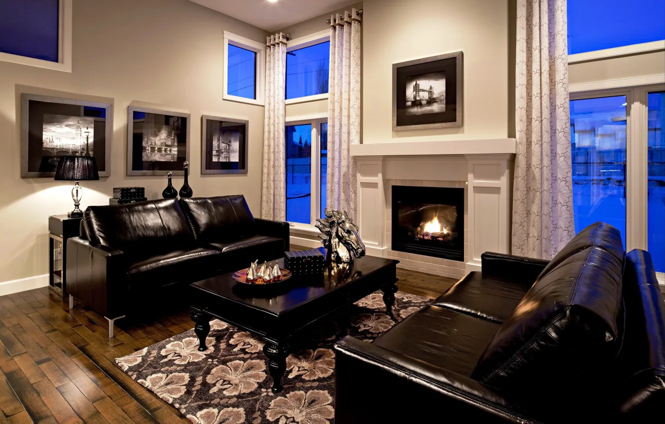 Photo wallpaper design, style, room, sofa, black, interior, fireplace, leather