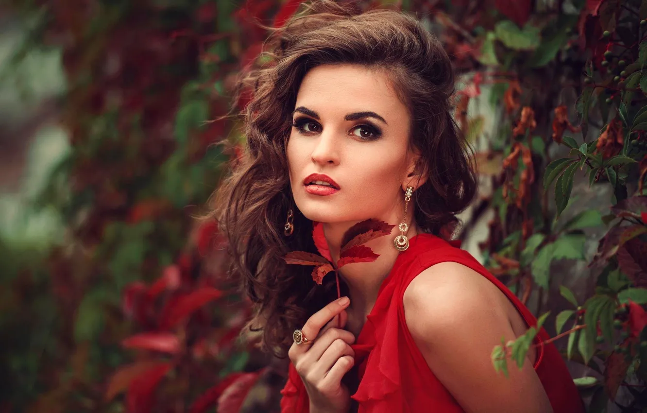 Photo wallpaper look, leaves, decoration, portrait, makeup, dress, hairstyle, brown hair