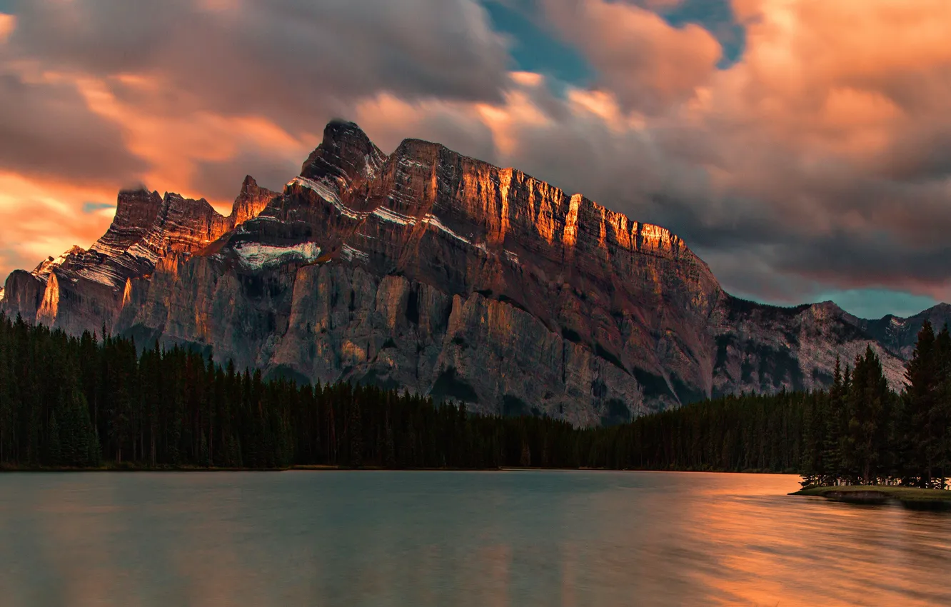 Photo wallpaper the sky, clouds, light, trees, mountains, lake, rocks, shore