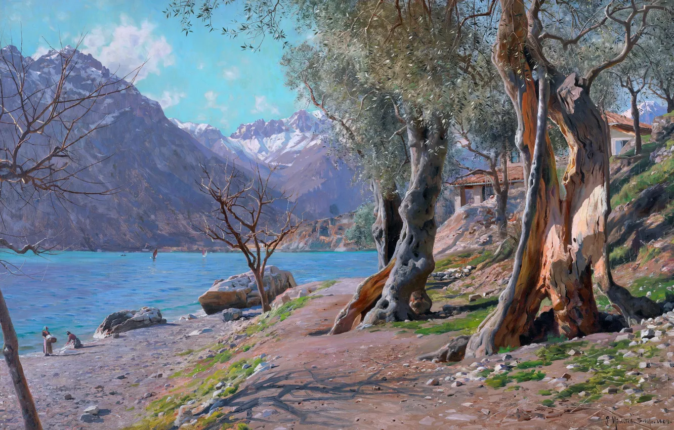 Photo wallpaper trees, mountains, lake, picture, Peder Mork Monsted, Danish painter, Peter Merk Of Menstad, Peder Mørk …
