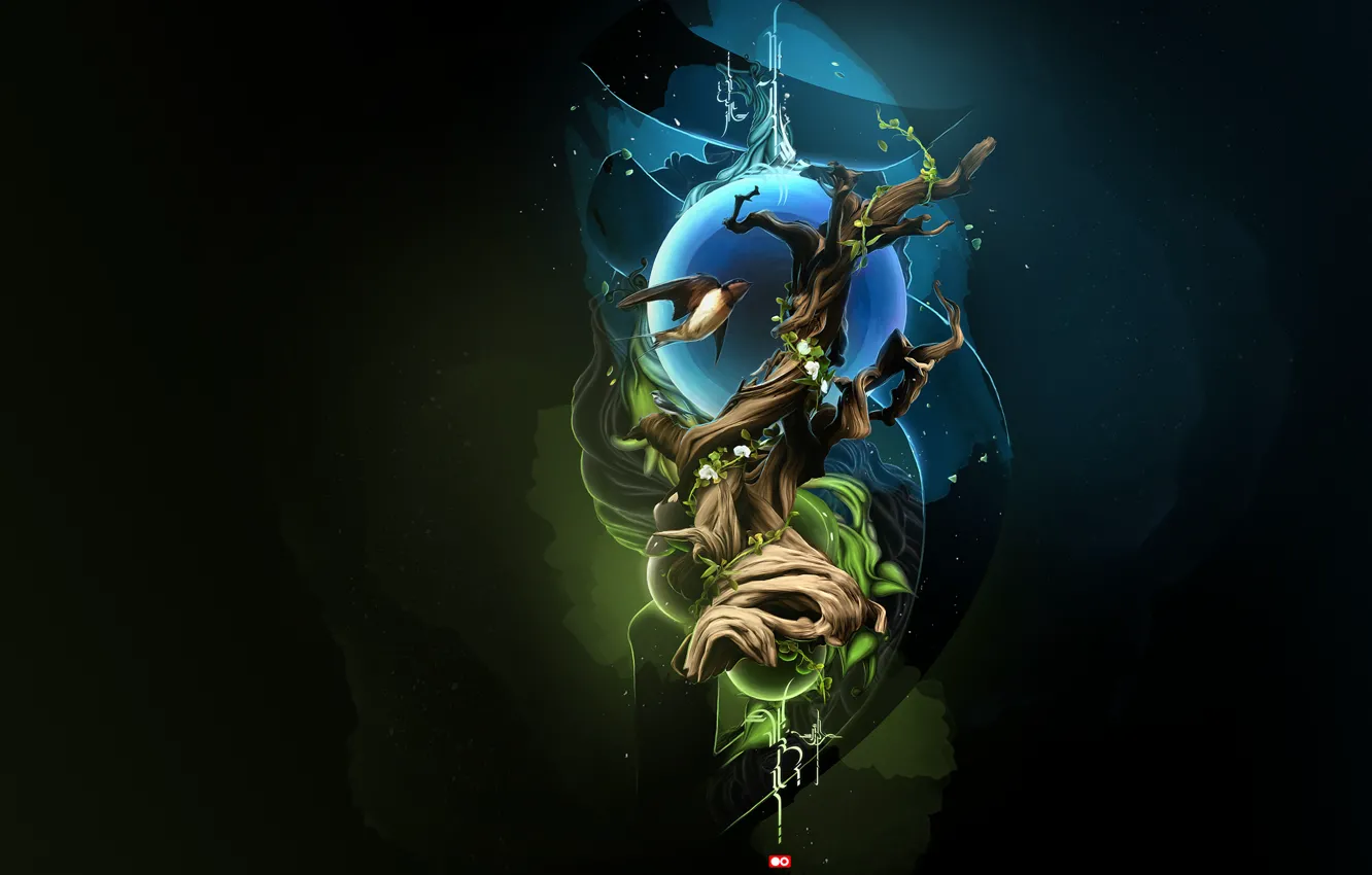 Photo wallpaper trees, background, the moon, swallow