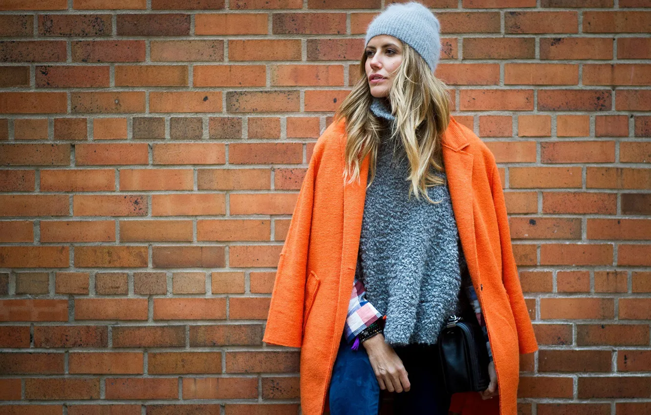 Photo wallpaper girl, the city, wall, street, model, hat, blonde, coat