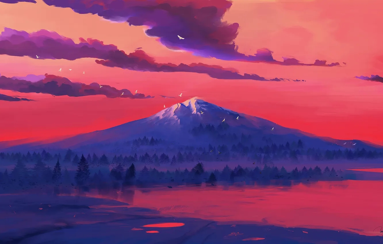 Photo wallpaper forest, the sky, clouds, landscape, sunset, mountains, nature, lake