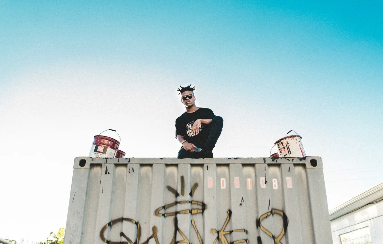 Photo wallpaper the sky, graffiti, glasses, container, male, mobile phone, paint buckets