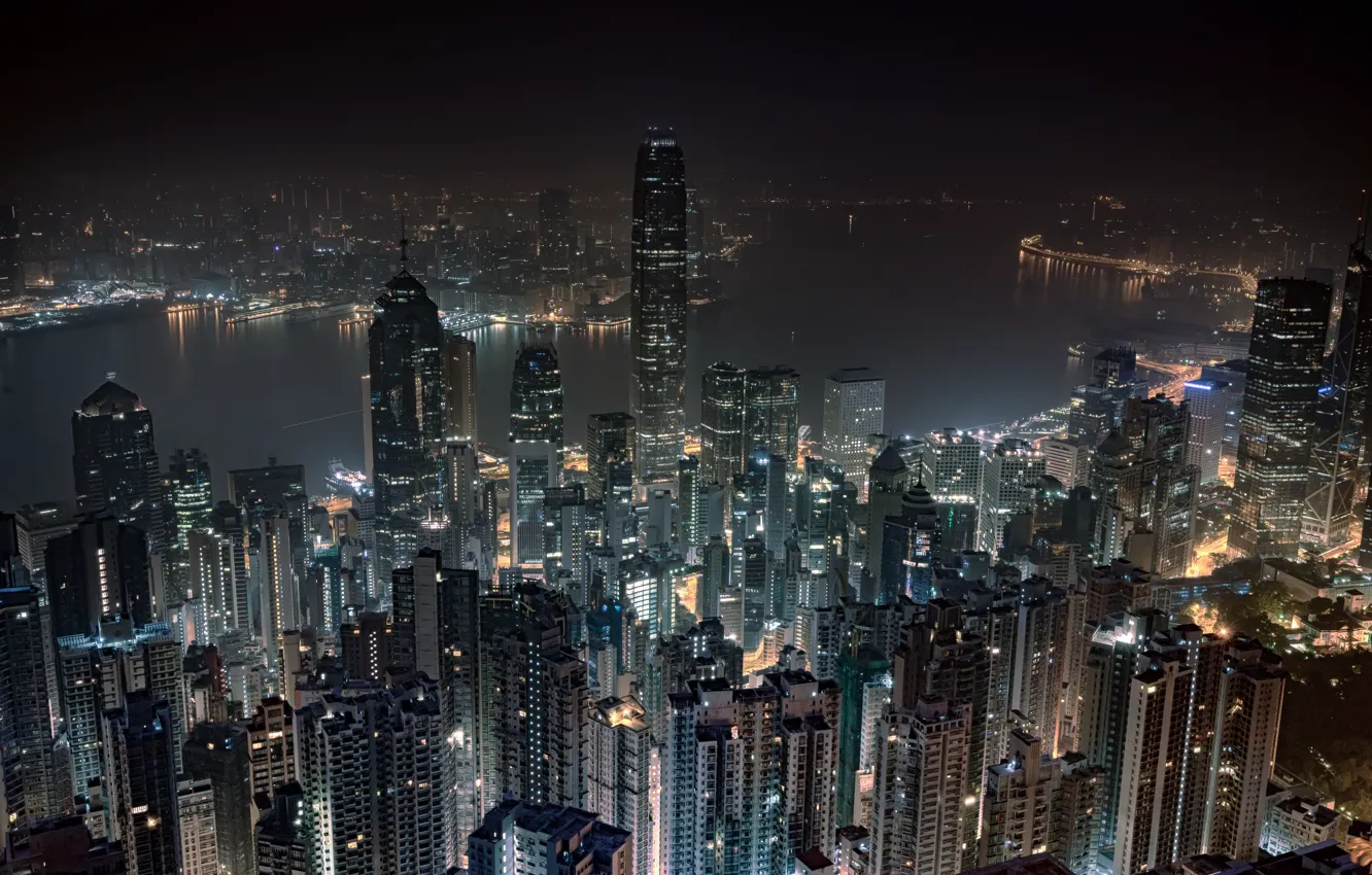 Photo wallpaper night, Hong Kong, skyscrapers, megapolis, Hong Kong