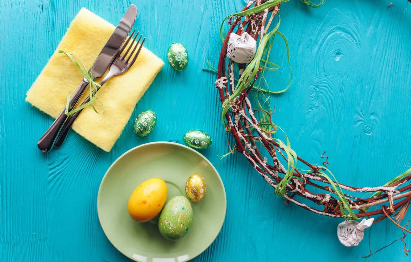 Photo wallpaper sprig, holiday, eggs, plate, Easter, wreath, napkin, Easter