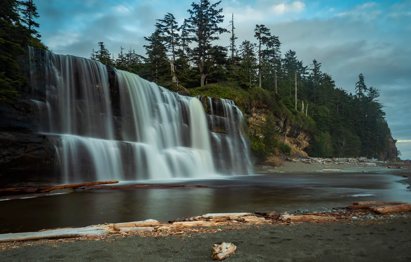 Photo wallpaper forest, the sky, clouds, trees, mountains, stones, rocks, shore